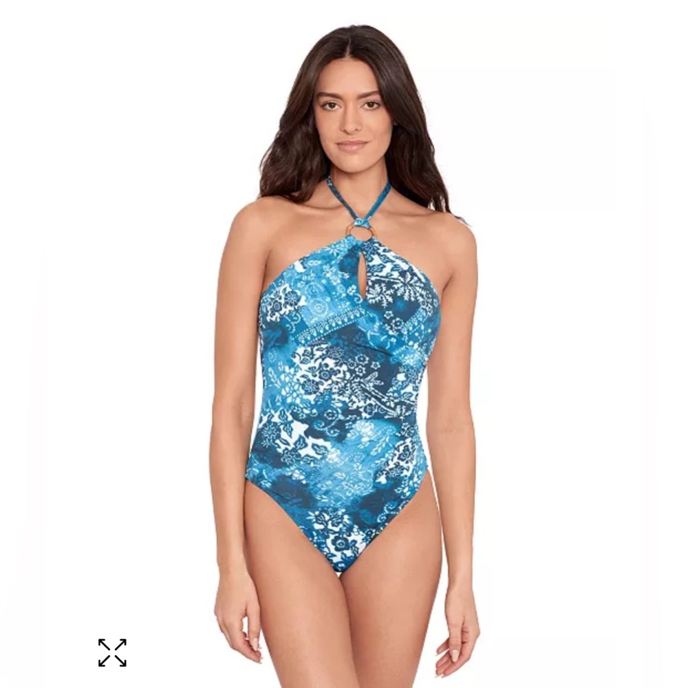 Lauren Ralph Lauren Halter Tie Neck Boho One-Piece Blue Print Swimsuit  10.  NWT
